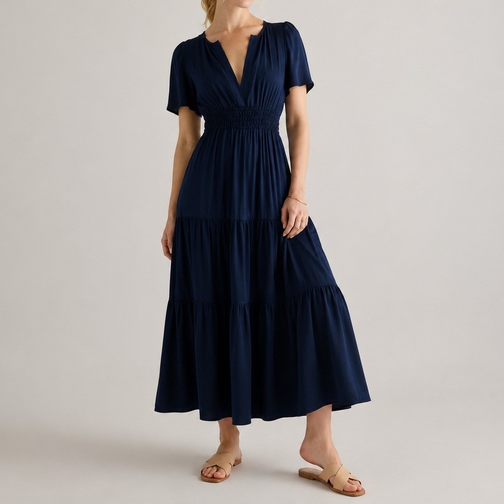 Quince Washable Stretch Silk Tiered Maxi Dress Mulberry Flowy Navy Large NWT